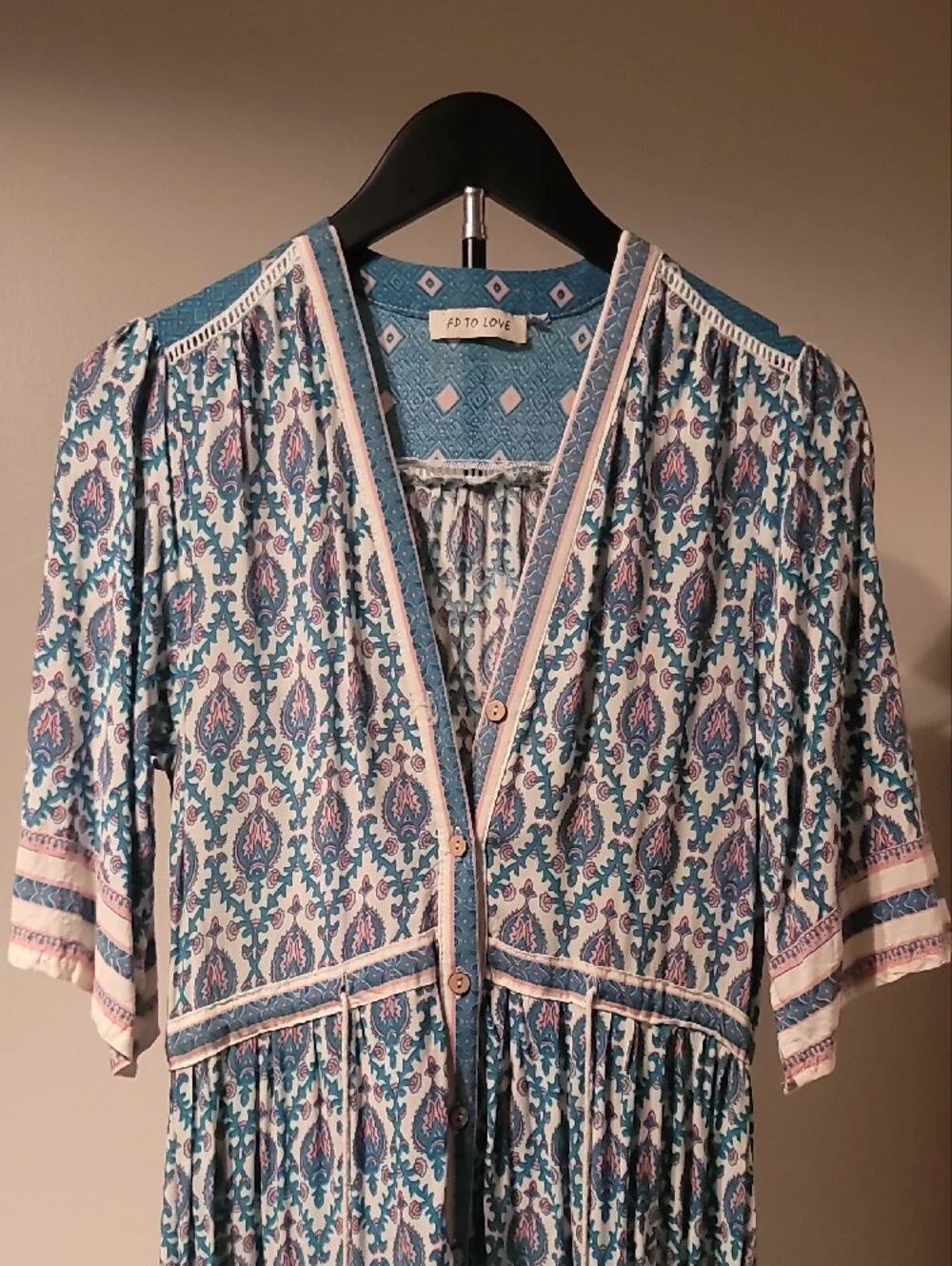 Free People Boho Chic Button-Front Midi Dress in Teal Pink and White